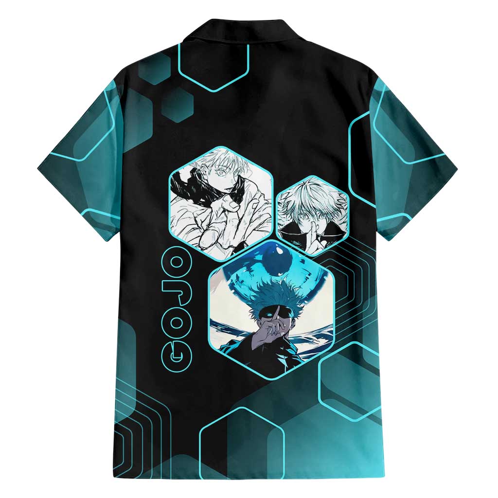 Gojo Satoru Jujutsu Kaisen Blue Hexagon Pattern Family Matching Mermaid Dress and Hawaiian Shirt with Intense Expressions and Modern Anime Art
