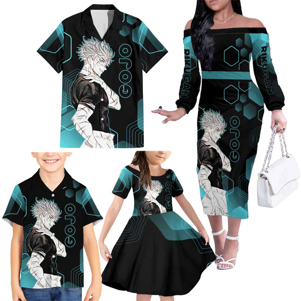 Gojo Satoru Jujutsu Kaisen Blue Hexagon Pattern Family Matching Off The Shoulder Long Sleeve Dress and Hawaiian Shirt with Intense Expressions and Modern Anime Art