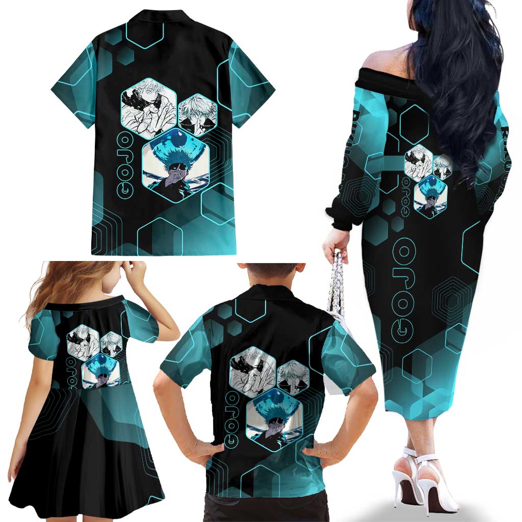 Gojo Satoru Jujutsu Kaisen Blue Hexagon Pattern Family Matching Off The Shoulder Long Sleeve Dress and Hawaiian Shirt with Intense Expressions and Modern Anime Art