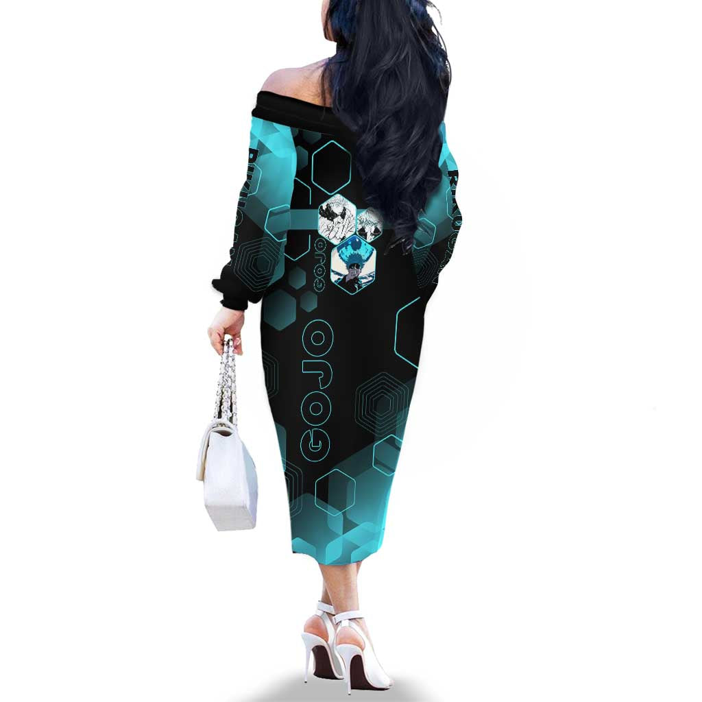 Gojo Satoru Jujutsu Kaisen Blue Hexagon Pattern Family Matching Off The Shoulder Long Sleeve Dress and Hawaiian Shirt with Intense Expressions and Modern Anime Art