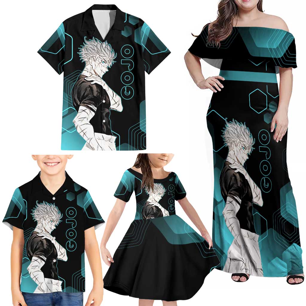 Gojo Satoru Jujutsu Kaisen Blue Hexagon Pattern Family Matching Off Shoulder Maxi Dress and Hawaiian Shirt with Intense Expressions and Modern Anime Art