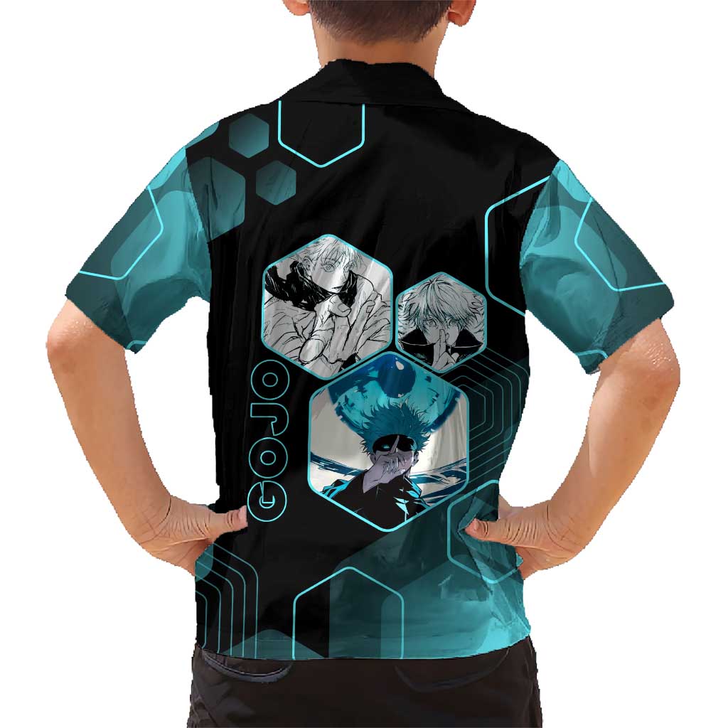 Gojo Satoru Jujutsu Kaisen Blue Hexagon Pattern Family Matching Off Shoulder Maxi Dress and Hawaiian Shirt with Intense Expressions and Modern Anime Art