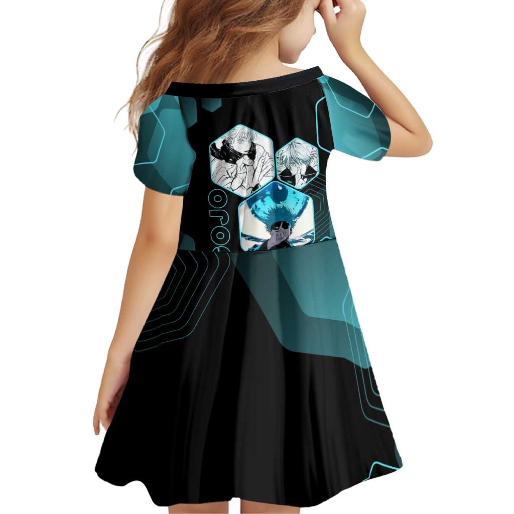 Gojo Satoru Jujutsu Kaisen Blue Hexagon Pattern Family Matching Off Shoulder Maxi Dress and Hawaiian Shirt with Intense Expressions and Modern Anime Art