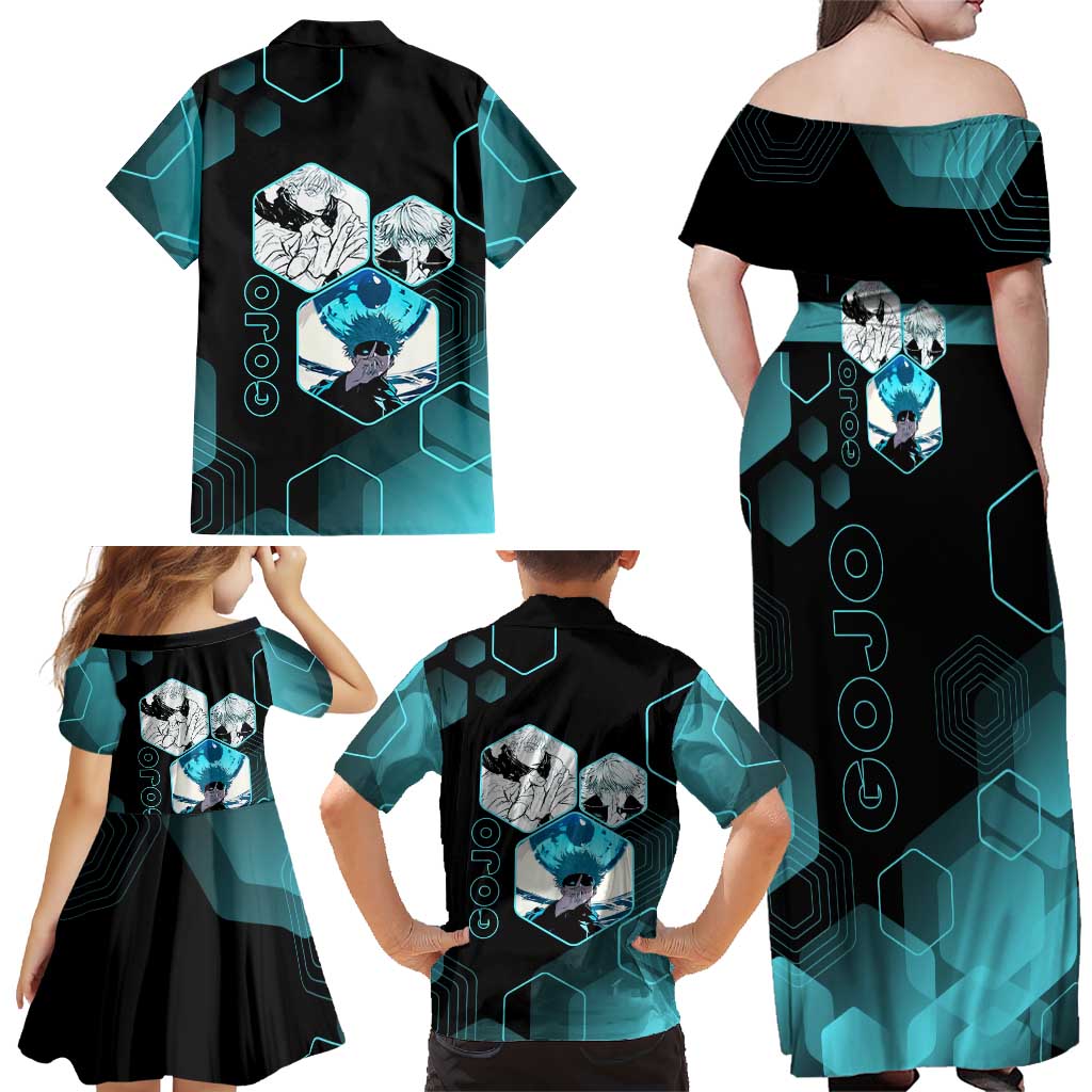 Gojo Satoru Jujutsu Kaisen Blue Hexagon Pattern Family Matching Off Shoulder Maxi Dress and Hawaiian Shirt with Intense Expressions and Modern Anime Art
