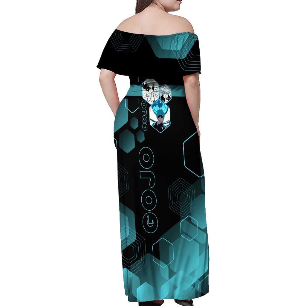 Gojo Satoru Jujutsu Kaisen Blue Hexagon Pattern Family Matching Off Shoulder Maxi Dress and Hawaiian Shirt with Intense Expressions and Modern Anime Art