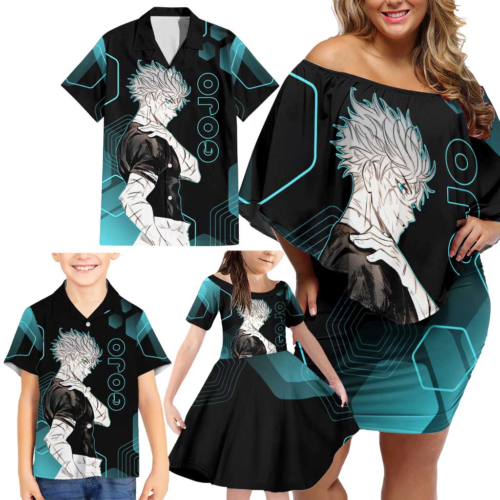 Gojo Satoru Jujutsu Kaisen Blue Hexagon Pattern Family Matching Off Shoulder Short Dress and Hawaiian Shirt with Intense Expressions and Modern Anime Art