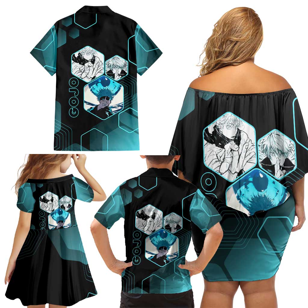 Gojo Satoru Jujutsu Kaisen Blue Hexagon Pattern Family Matching Off Shoulder Short Dress and Hawaiian Shirt with Intense Expressions and Modern Anime Art
