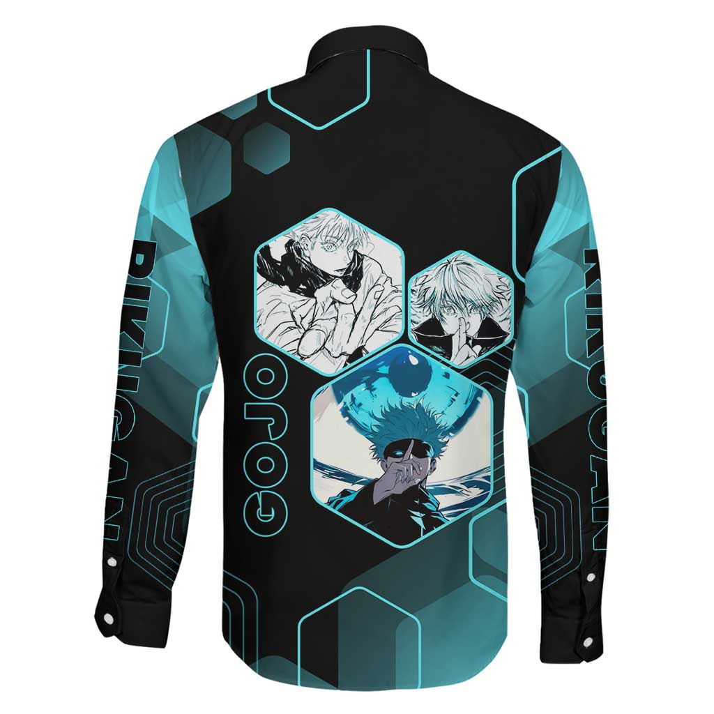 Gojo Satoru Jujutsu Kaisen Blue Hexagon Pattern Family Matching Off Shoulder Short Dress and Hawaiian Shirt with Intense Expressions and Modern Anime Art
