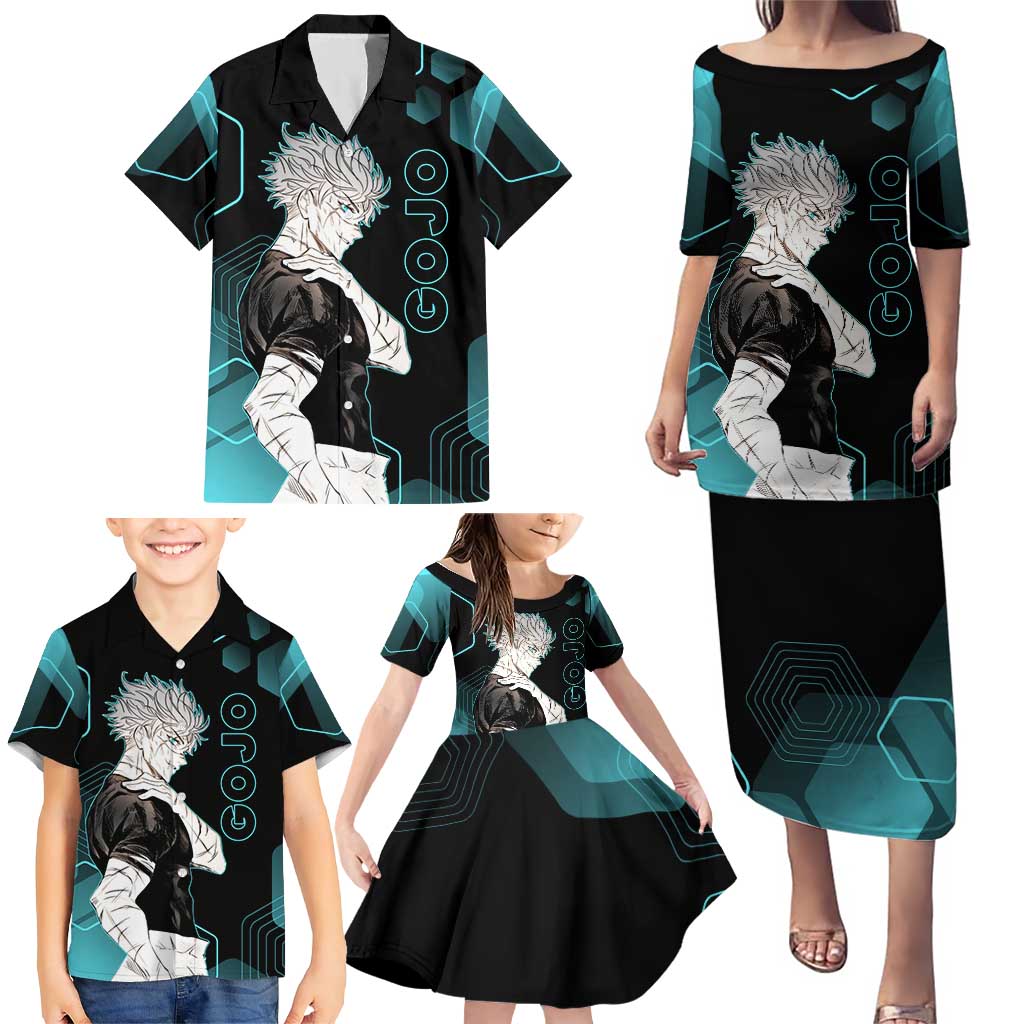 Gojo Satoru Jujutsu Kaisen Blue Hexagon Pattern Family Matching Puletasi and Hawaiian Shirt with Intense Expressions and Modern Anime Art