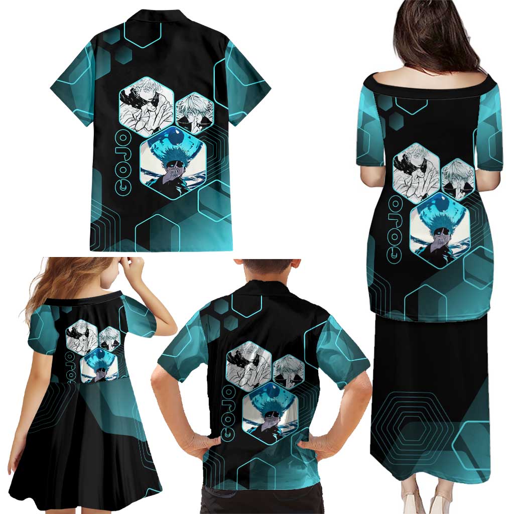 Gojo Satoru Jujutsu Kaisen Blue Hexagon Pattern Family Matching Puletasi and Hawaiian Shirt with Intense Expressions and Modern Anime Art