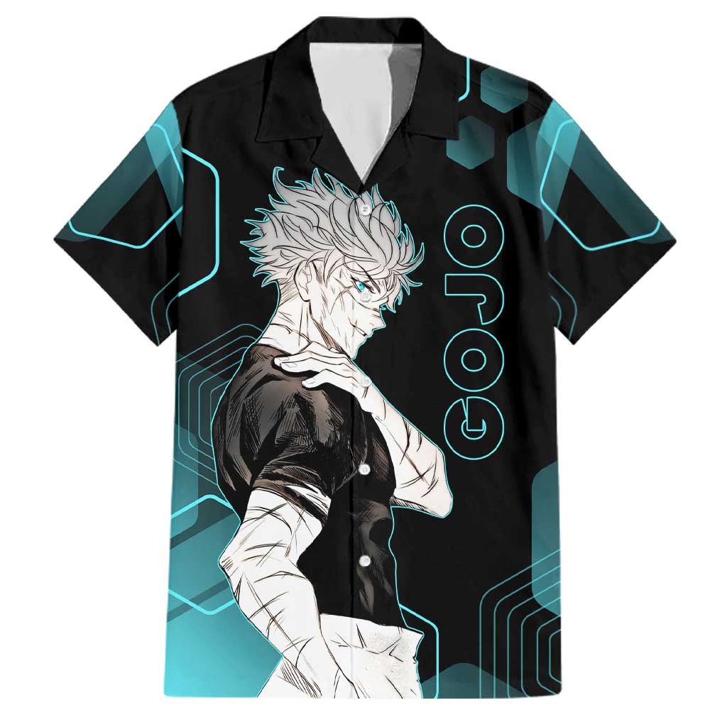 Gojo Satoru Jujutsu Kaisen Blue Hexagon Pattern Family Matching Puletasi and Hawaiian Shirt with Intense Expressions and Modern Anime Art
