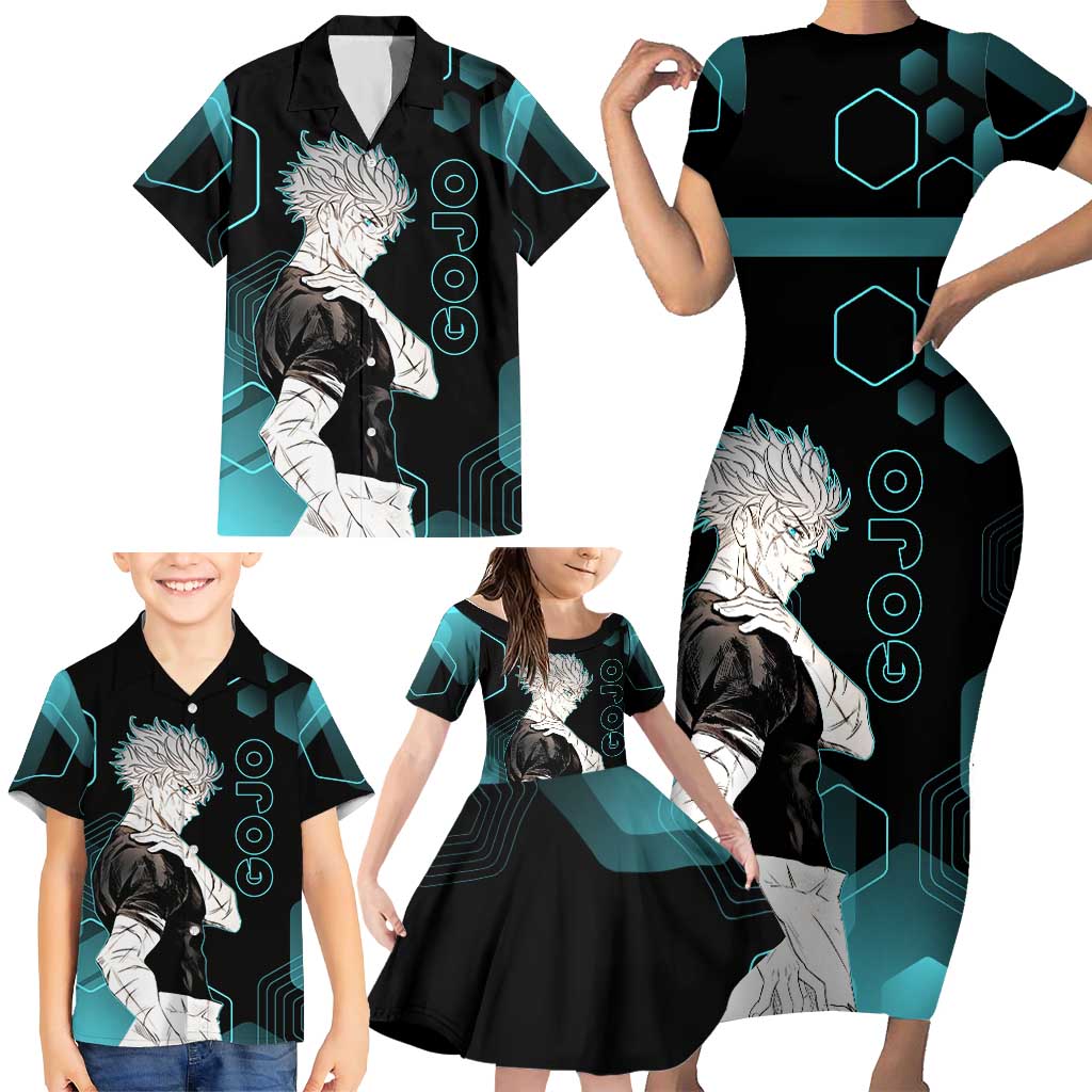 Gojo Satoru Jujutsu Kaisen Blue Hexagon Pattern Family Matching Short Sleeve Bodycon Dress and Hawaiian Shirt with Intense Expressions and Modern Anime Art
