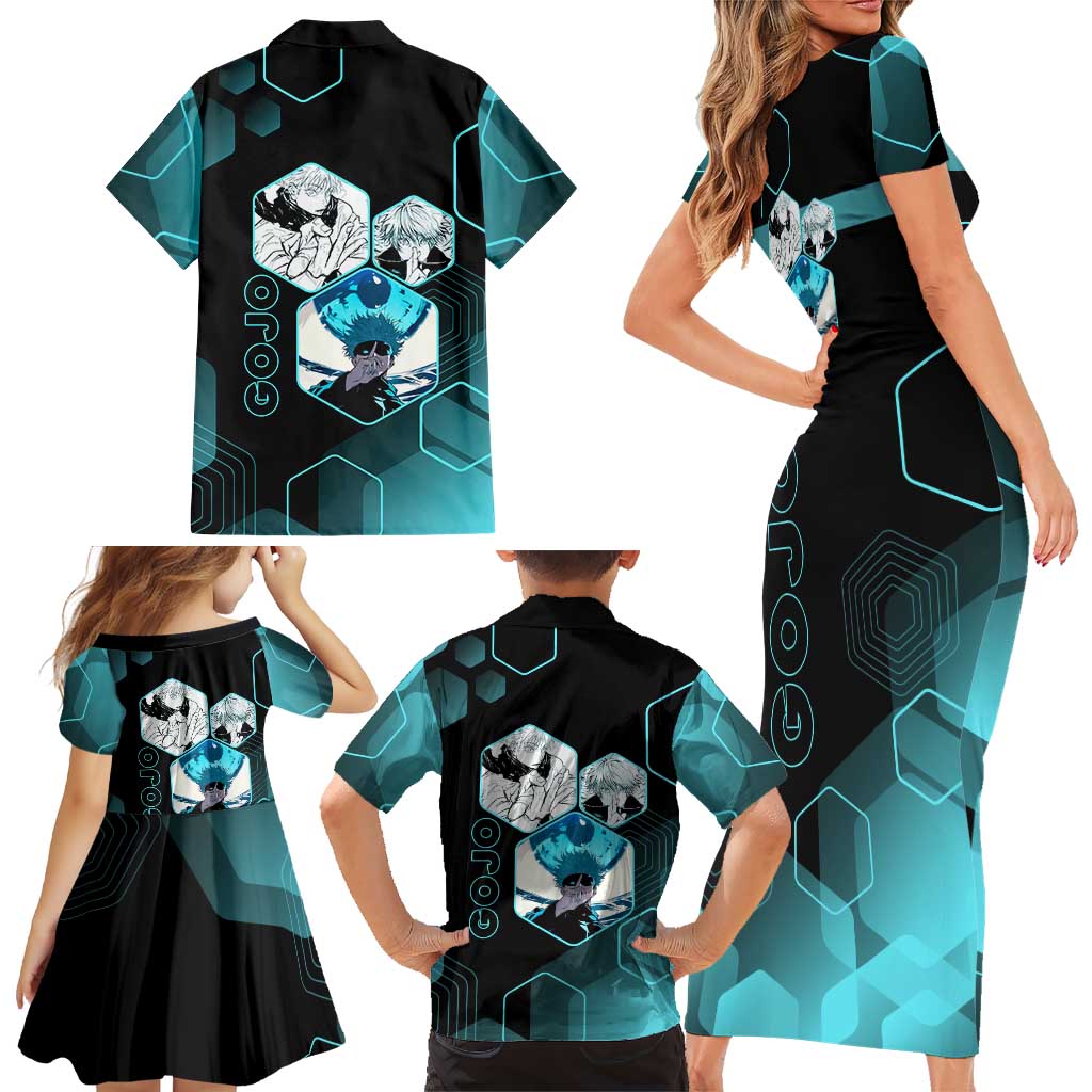Gojo Satoru Jujutsu Kaisen Blue Hexagon Pattern Family Matching Short Sleeve Bodycon Dress and Hawaiian Shirt with Intense Expressions and Modern Anime Art