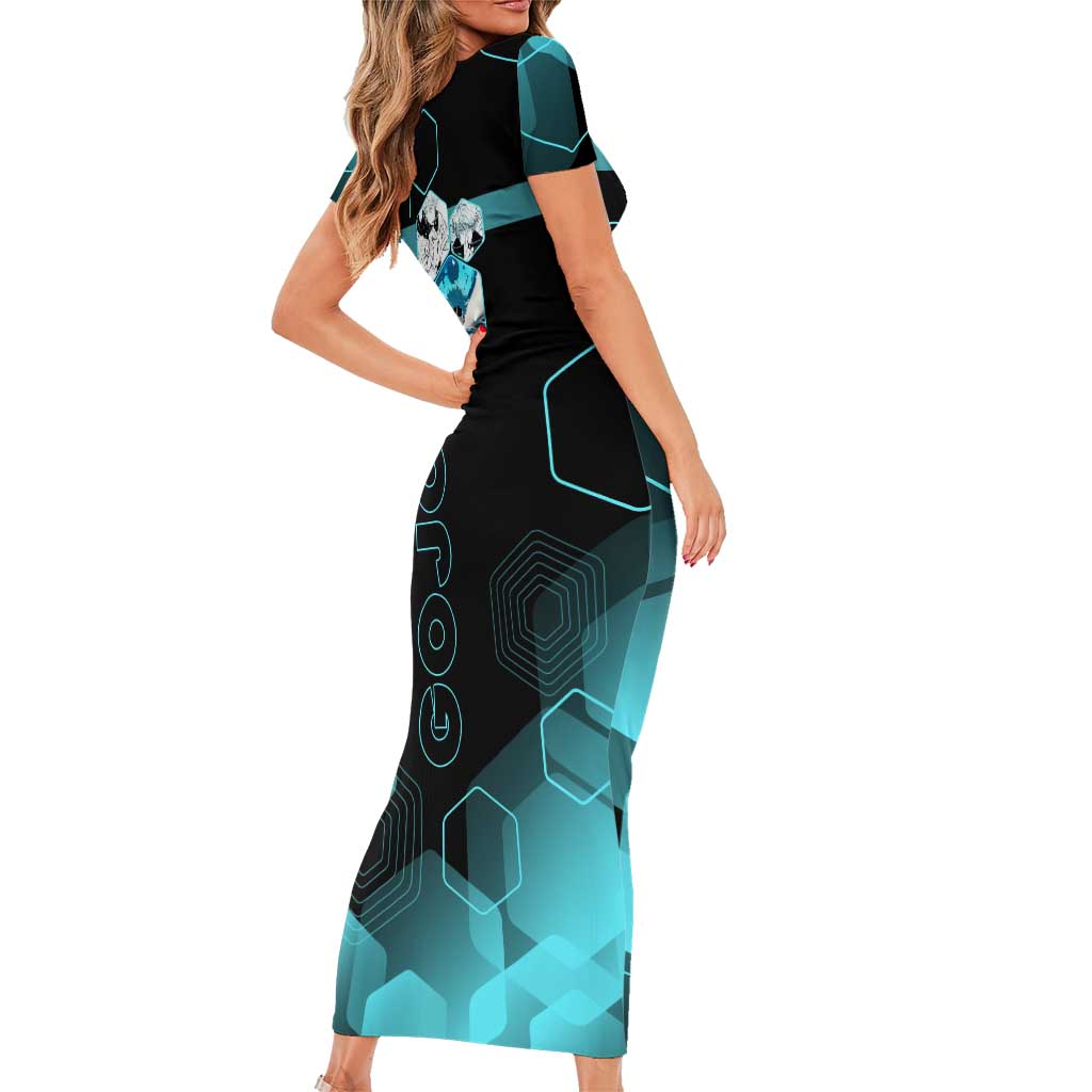 Gojo Satoru Jujutsu Kaisen Blue Hexagon Pattern Family Matching Short Sleeve Bodycon Dress and Hawaiian Shirt with Intense Expressions and Modern Anime Art