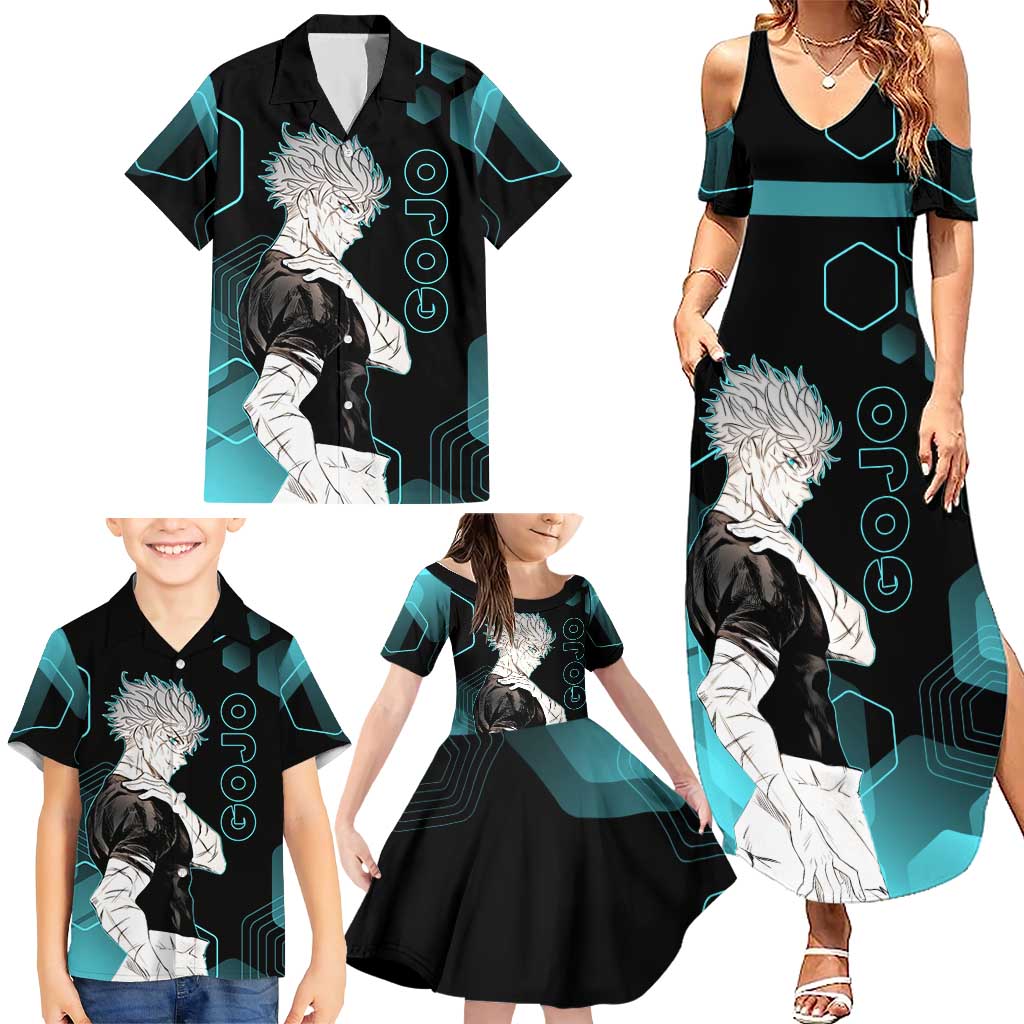 Gojo Satoru Jujutsu Kaisen Blue Hexagon Pattern Family Matching Summer Maxi Dress and Hawaiian Shirt with Intense Expressions and Modern Anime Art