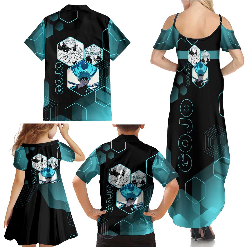 Gojo Satoru Jujutsu Kaisen Blue Hexagon Pattern Family Matching Summer Maxi Dress and Hawaiian Shirt with Intense Expressions and Modern Anime Art