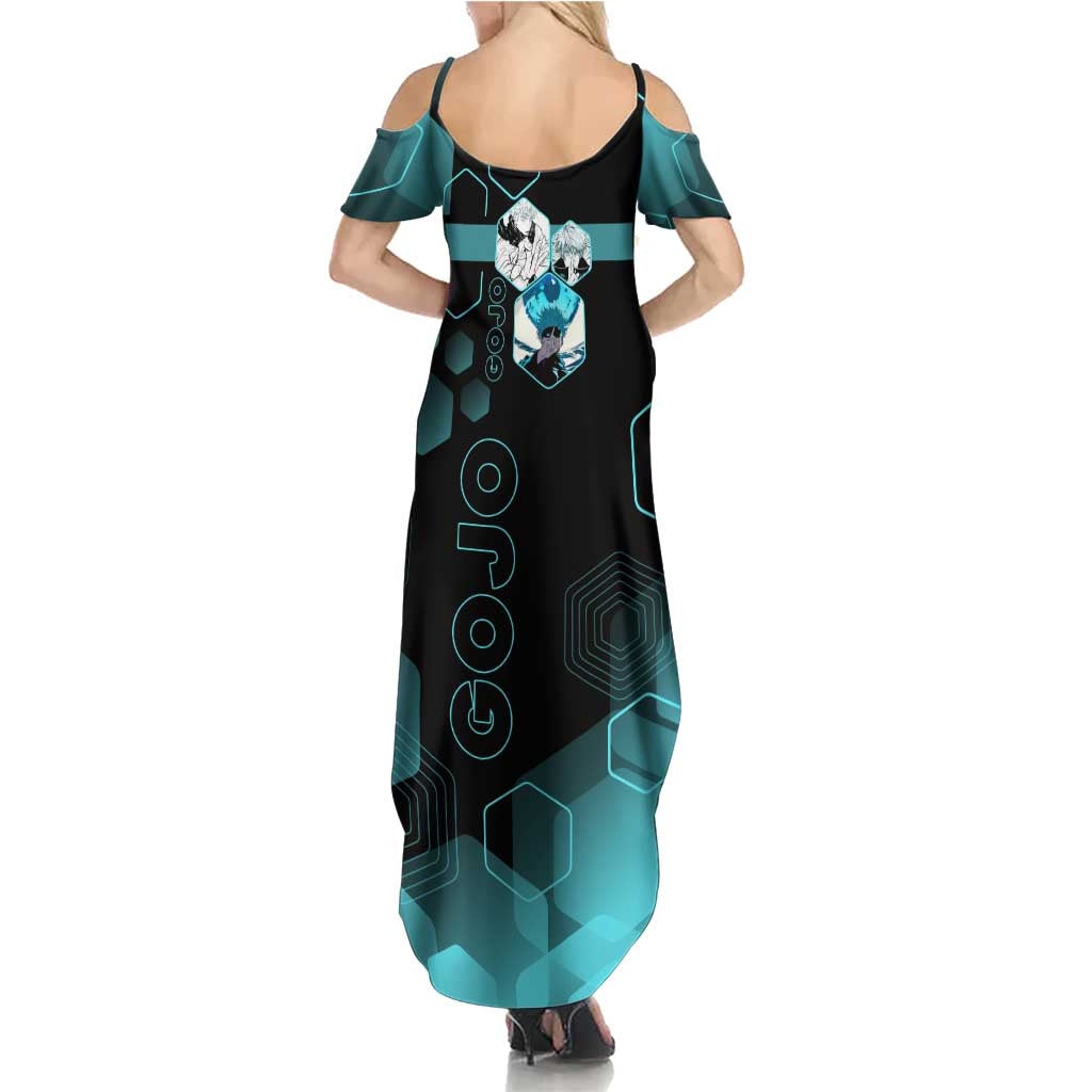 Gojo Satoru Jujutsu Kaisen Blue Hexagon Pattern Family Matching Summer Maxi Dress and Hawaiian Shirt with Intense Expressions and Modern Anime Art