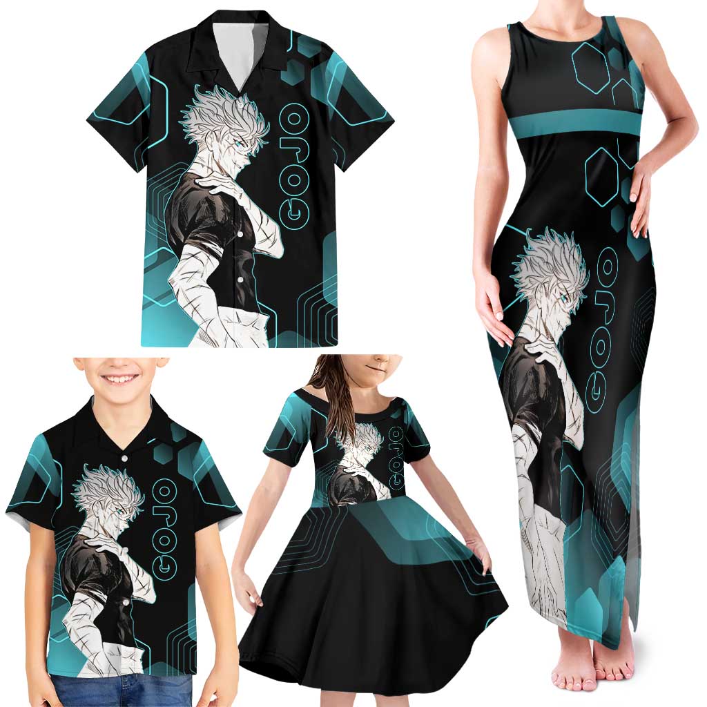 Gojo Satoru Jujutsu Kaisen Blue Hexagon Pattern Family Matching Tank Maxi Dress and Hawaiian Shirt with Intense Expressions and Modern Anime Art