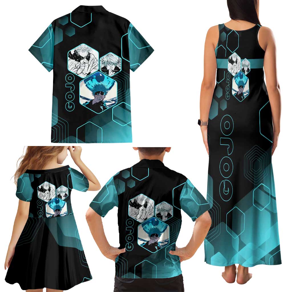 Gojo Satoru Jujutsu Kaisen Blue Hexagon Pattern Family Matching Tank Maxi Dress and Hawaiian Shirt with Intense Expressions and Modern Anime Art