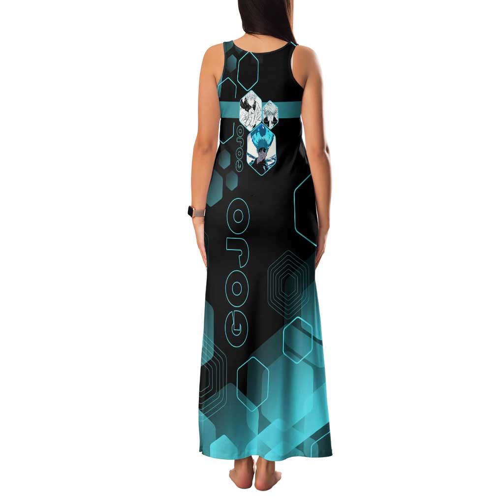 Gojo Satoru Jujutsu Kaisen Blue Hexagon Pattern Family Matching Tank Maxi Dress and Hawaiian Shirt with Intense Expressions and Modern Anime Art