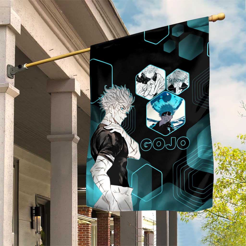 Gojo Satoru Jujutsu Kaisen Blue Hexagon Pattern Garden Flag with Intense Expressions and Modern Anime Art - The Mazicc