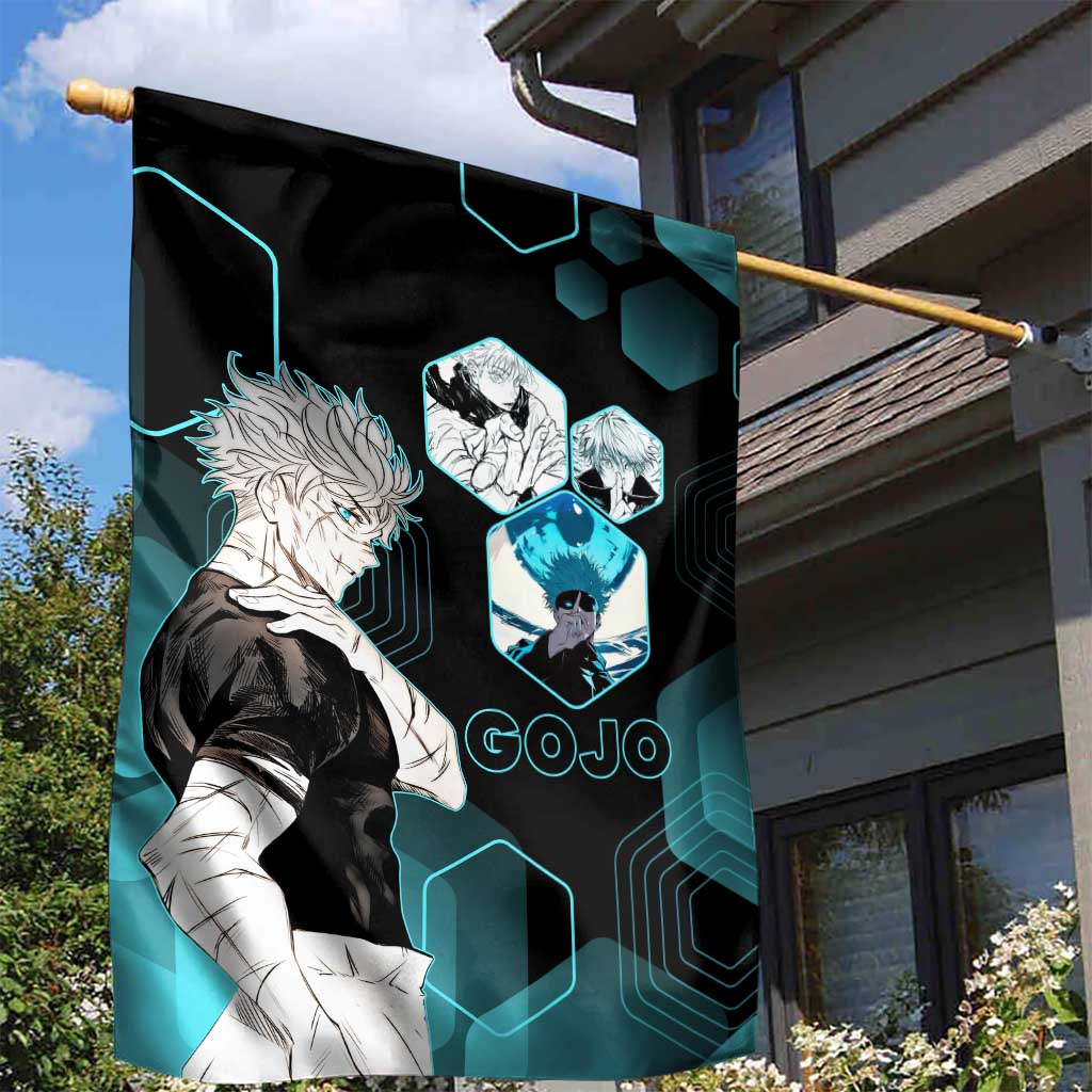 Gojo Satoru Jujutsu Kaisen Blue Hexagon Pattern Garden Flag with Intense Expressions and Modern Anime Art - The Mazicc