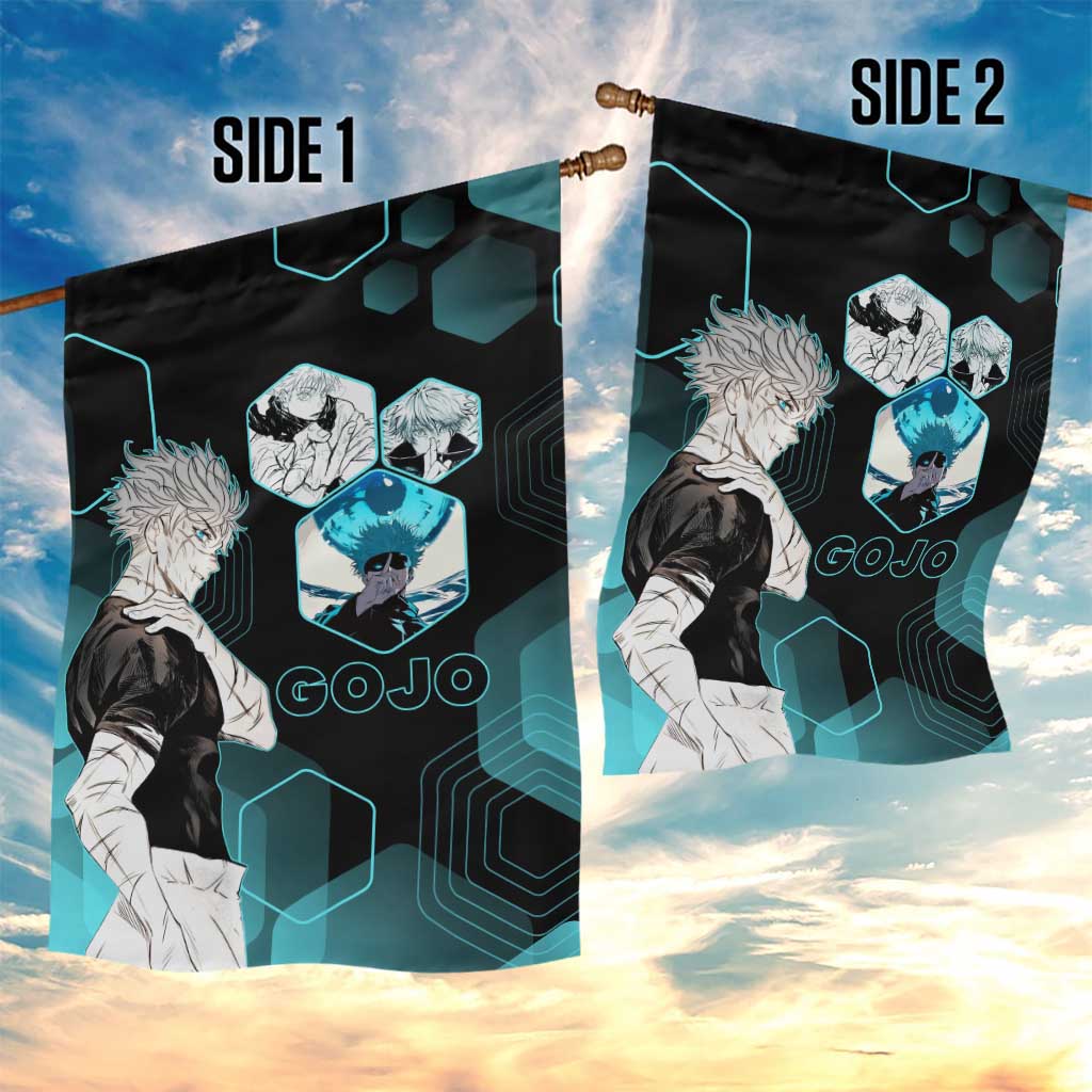 Gojo Satoru Jujutsu Kaisen Blue Hexagon Pattern Garden Flag with Intense Expressions and Modern Anime Art - The Mazicc