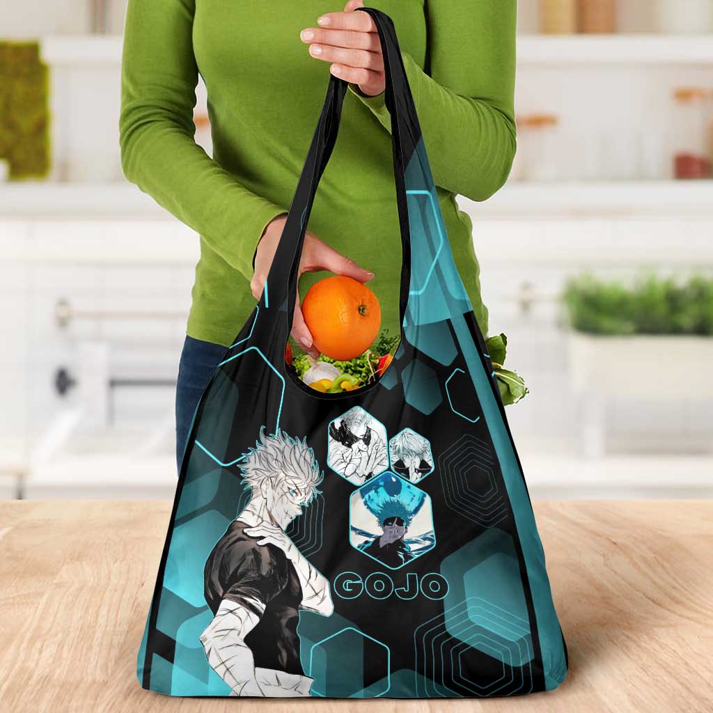 Gojo Satoru Jujutsu Kaisen Blue Hexagon Pattern Grocery Bag with Intense Expressions and Modern Anime Art - The Mazicc