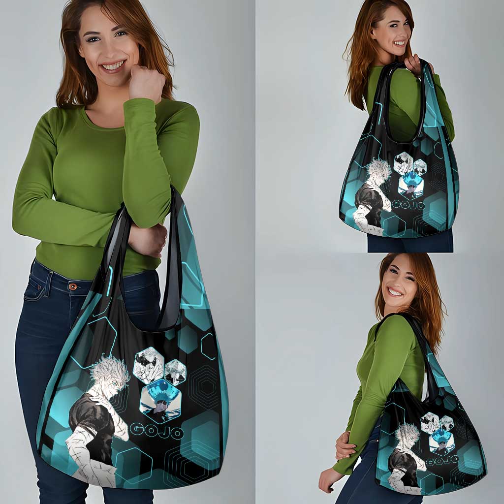 Gojo Satoru Jujutsu Kaisen Blue Hexagon Pattern Grocery Bag with Intense Expressions and Modern Anime Art - The Mazicc