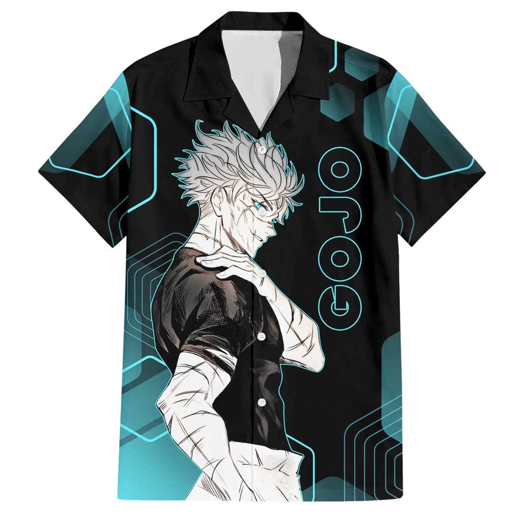 Gojo Satoru Jujutsu Kaisen Blue Hexagon Pattern Hawaiian Shirt with Intense Expressions and Modern Anime Art - The Mazicc