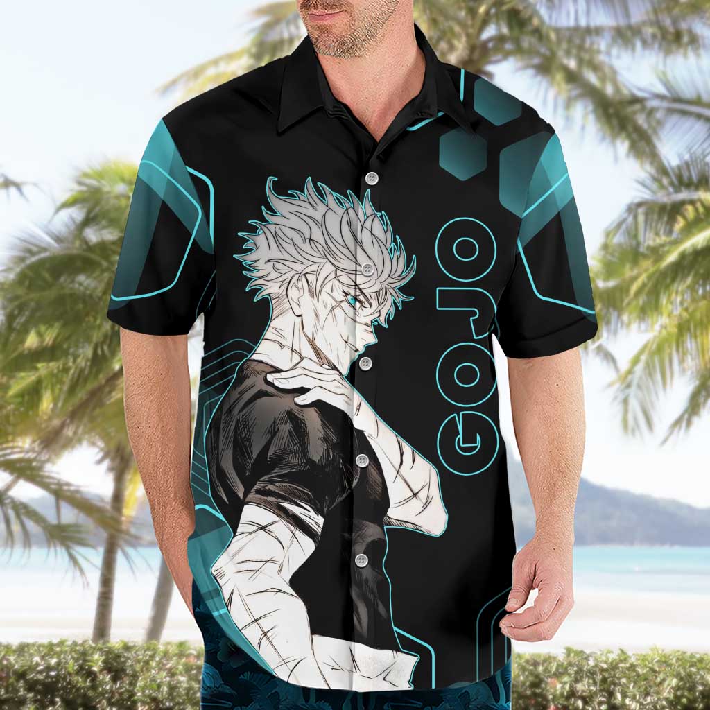 Gojo Satoru Jujutsu Kaisen Blue Hexagon Pattern Hawaiian Shirt with Intense Expressions and Modern Anime Art - The Mazicc
