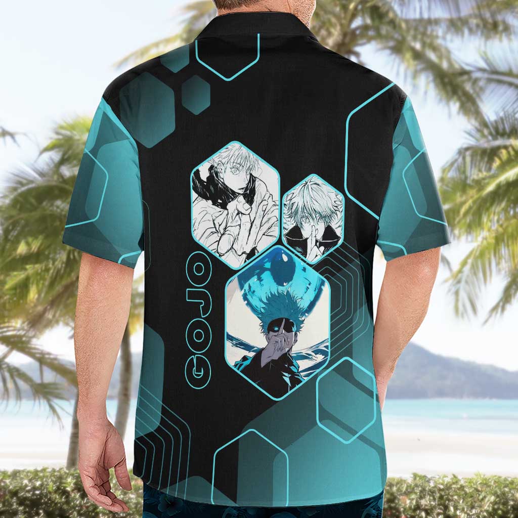 Gojo Satoru Jujutsu Kaisen Blue Hexagon Pattern Hawaiian Shirt with Intense Expressions and Modern Anime Art - The Mazicc