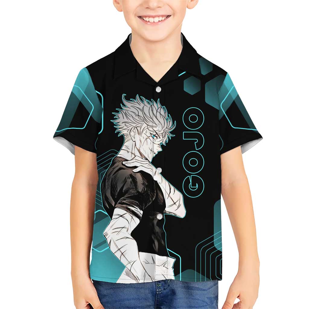 Gojo Satoru Jujutsu Kaisen Blue Hexagon Pattern Hawaiian Shirt with Intense Expressions and Modern Anime Art - The Mazicc