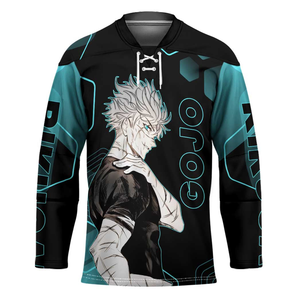 Gojo Satoru Jujutsu Kaisen Blue Hexagon Pattern Hockey Jersey with Intense Expressions and Modern Anime Art - The Mazicc