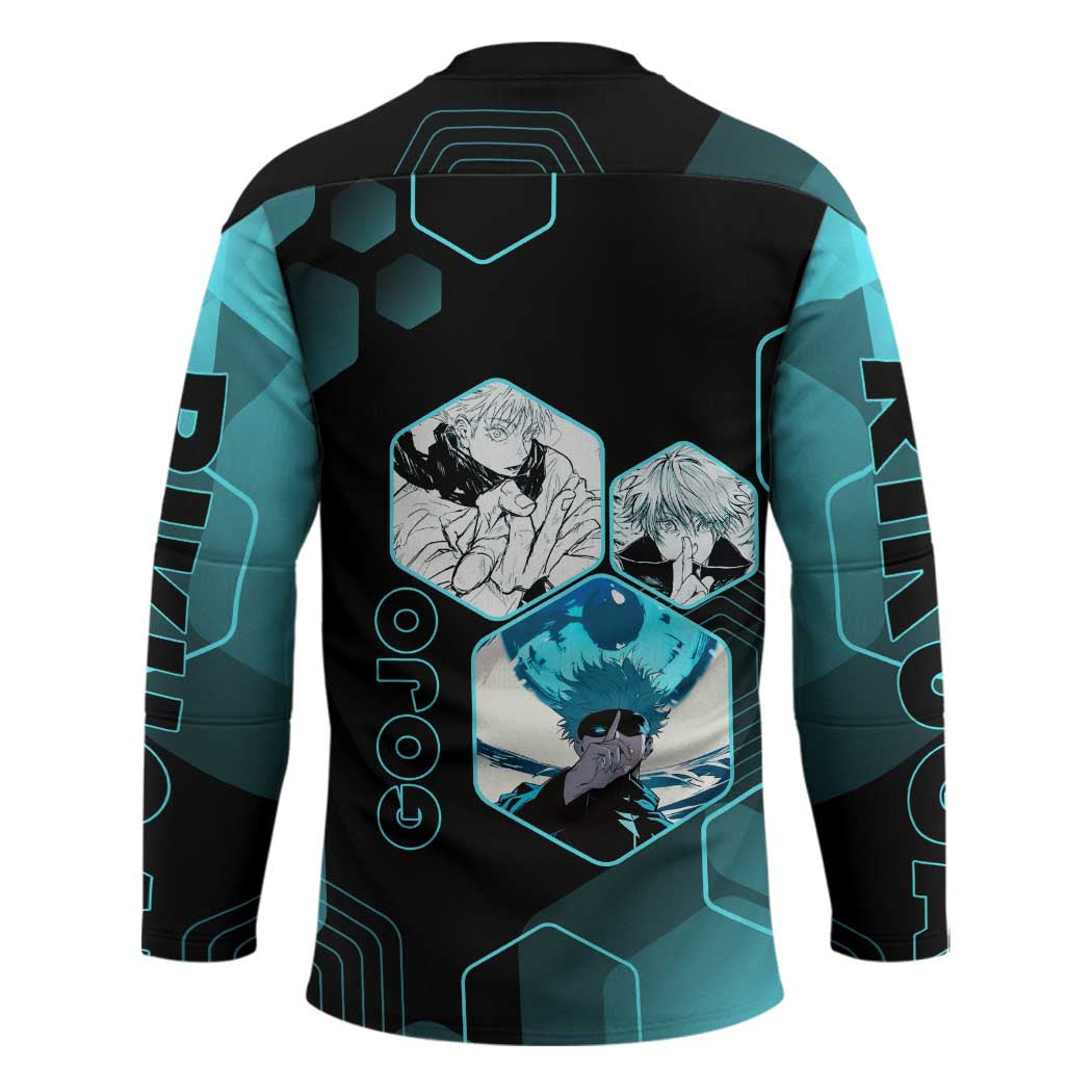 Gojo Satoru Jujutsu Kaisen Blue Hexagon Pattern Hockey Jersey with Intense Expressions and Modern Anime Art - The Mazicc