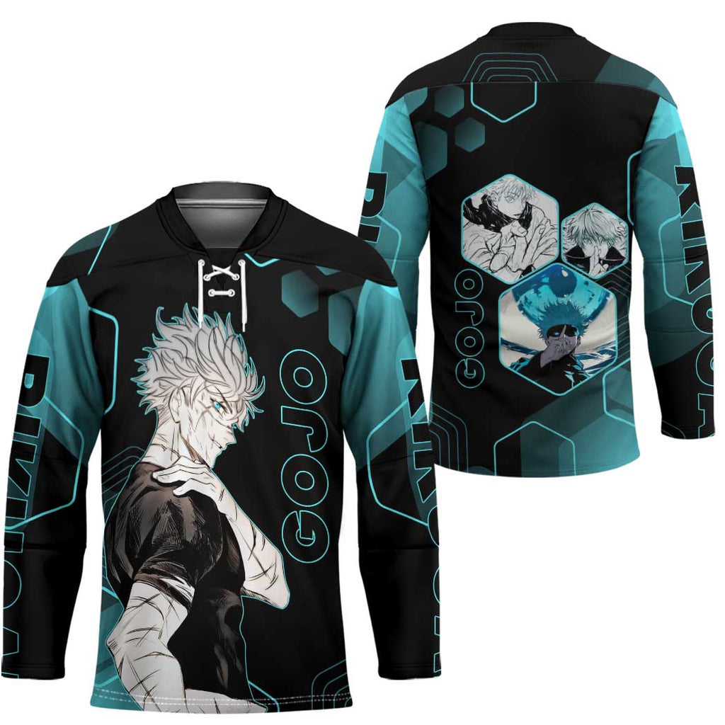 Gojo Satoru Jujutsu Kaisen Blue Hexagon Pattern Hockey Jersey with Intense Expressions and Modern Anime Art - The Mazicc