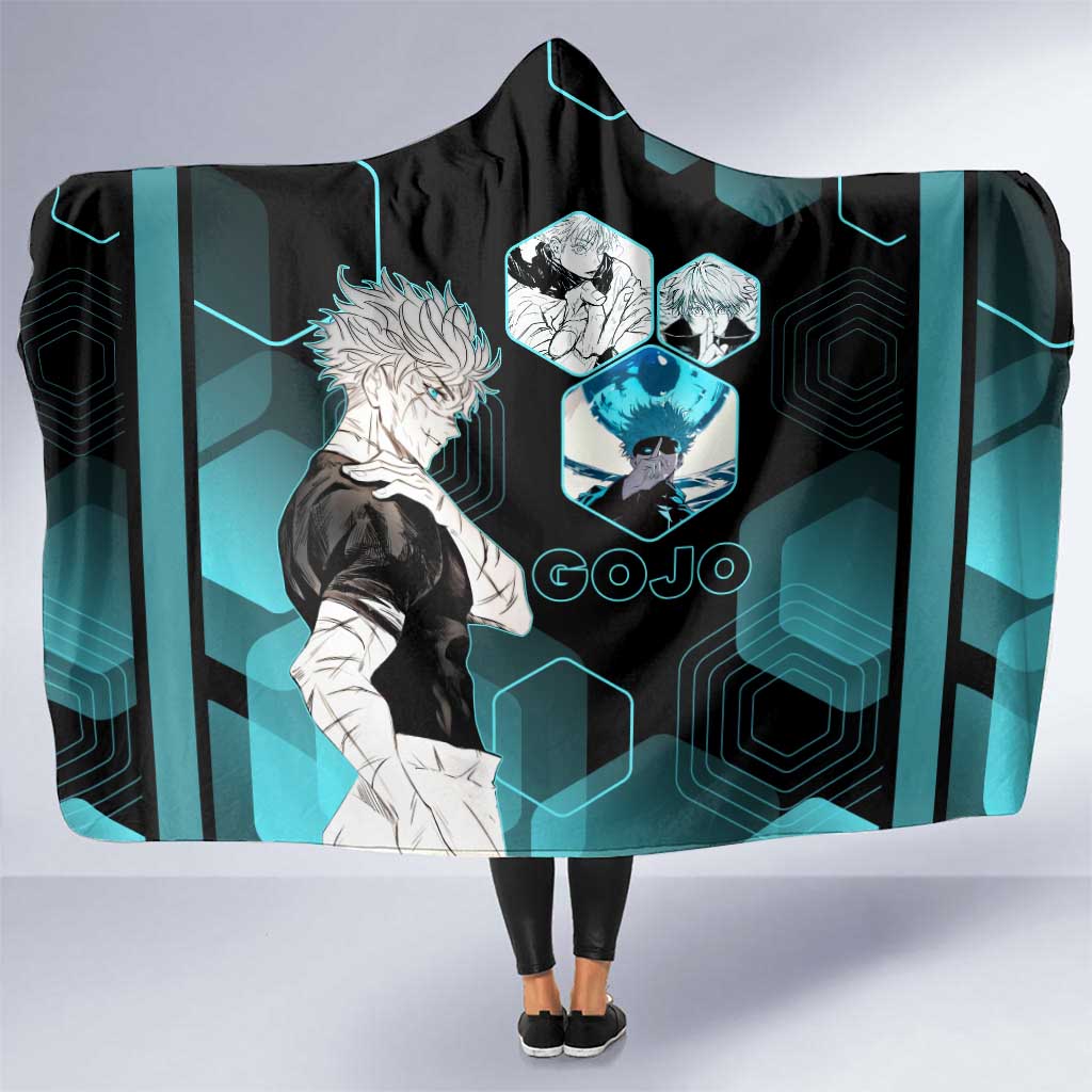 Gojo Satoru Jujutsu Kaisen Blue Hexagon Pattern Hooded Blanket with Intense Expressions and Modern Anime Art - The Mazicc