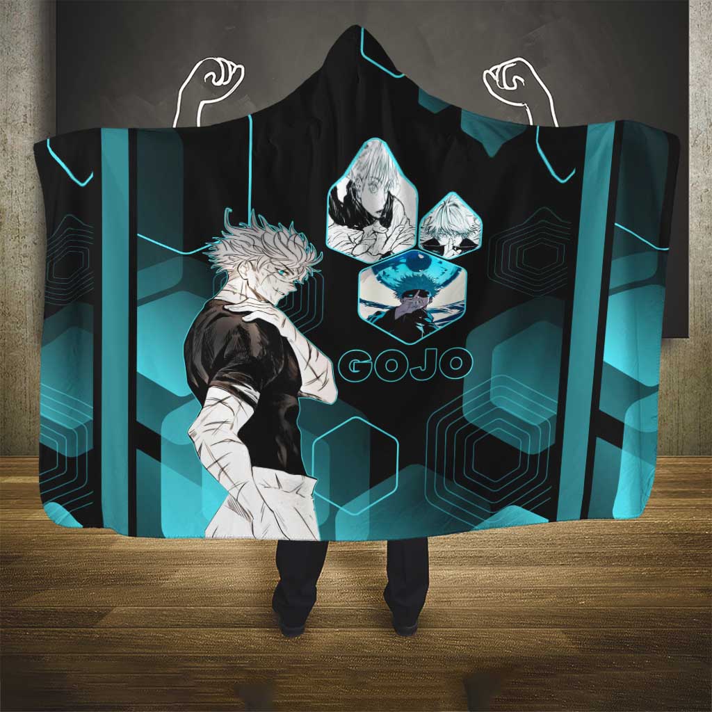 Gojo Satoru Jujutsu Kaisen Blue Hexagon Pattern Hooded Blanket with Intense Expressions and Modern Anime Art - The Mazicc