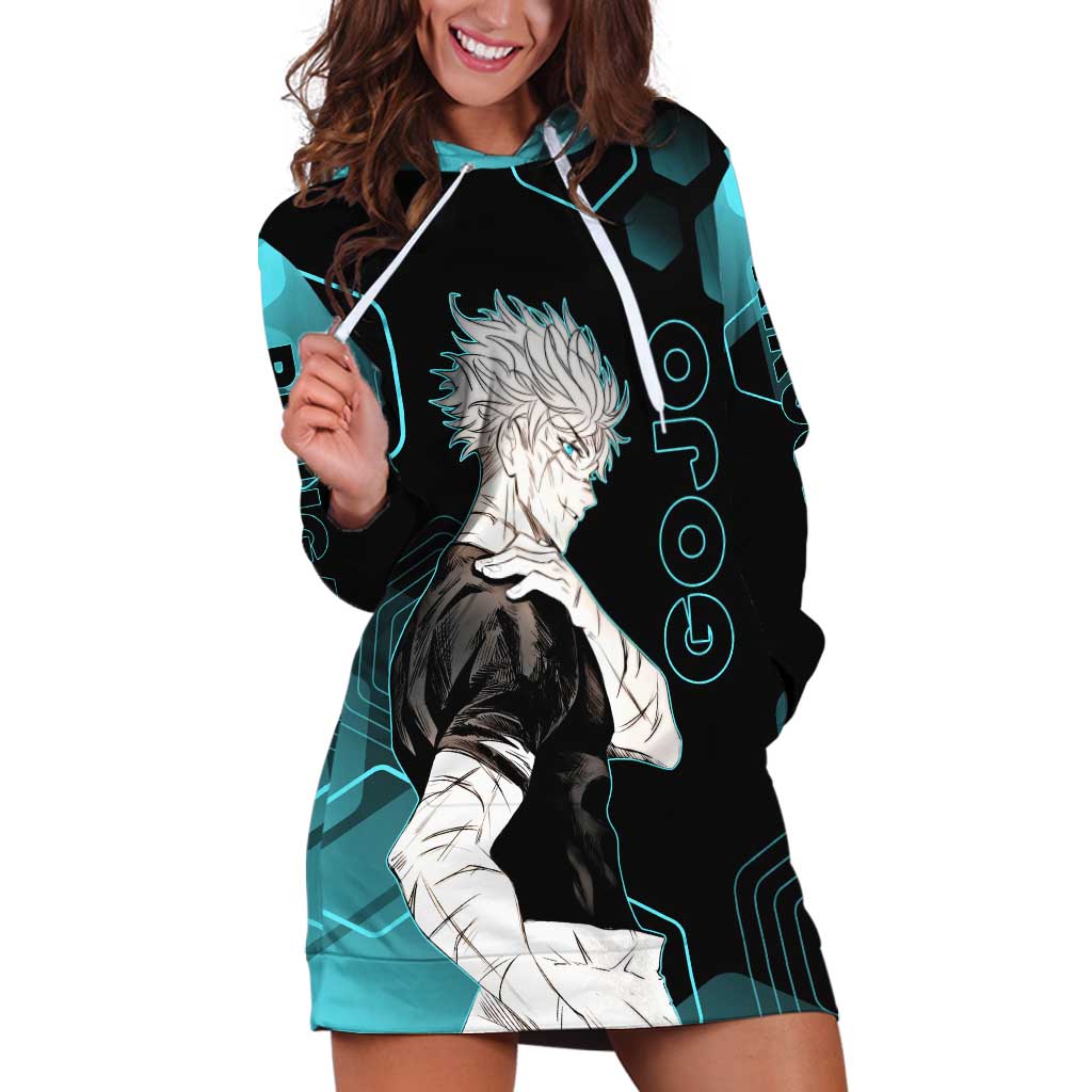 Gojo Satoru Jujutsu Kaisen Blue Hexagon Pattern Hoodie Dress with Intense Expressions and Modern Anime Art - The Mazicc