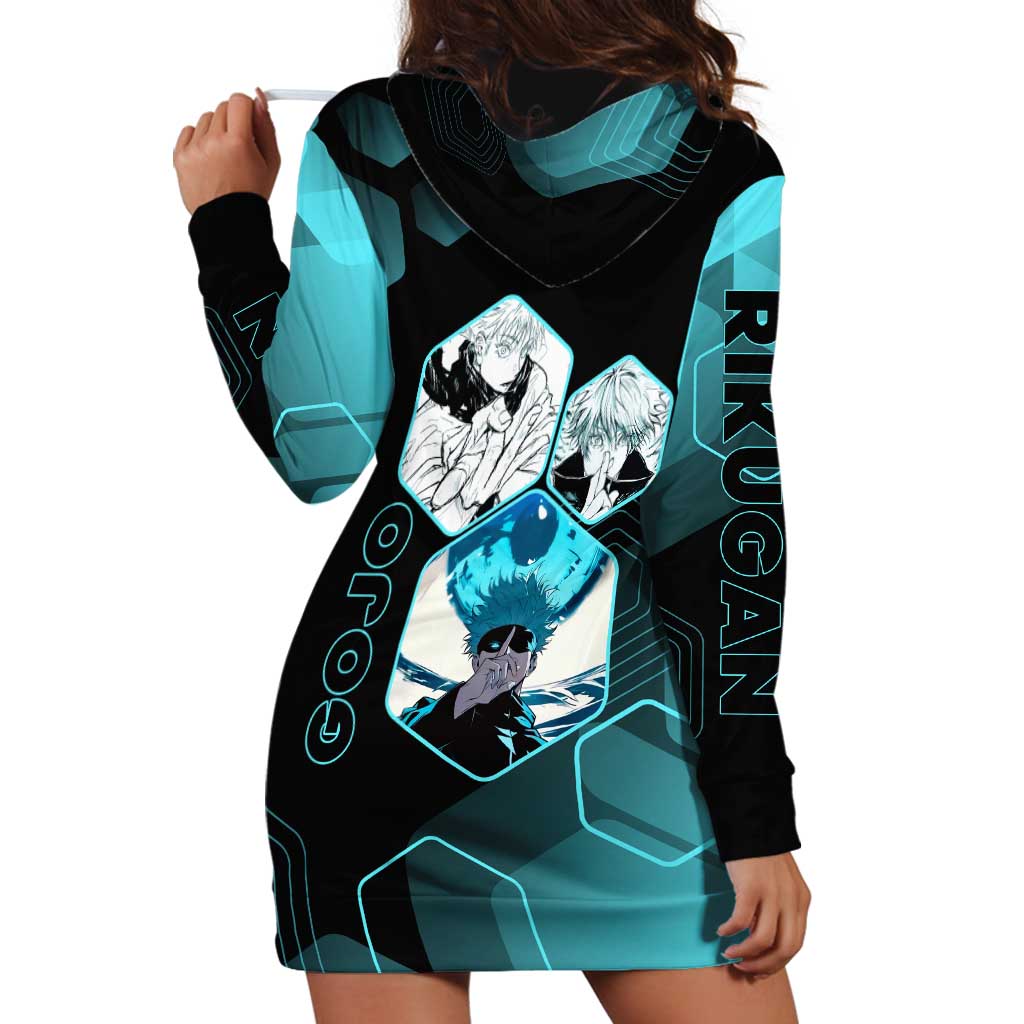Gojo Satoru Jujutsu Kaisen Blue Hexagon Pattern Hoodie Dress with Intense Expressions and Modern Anime Art - The Mazicc