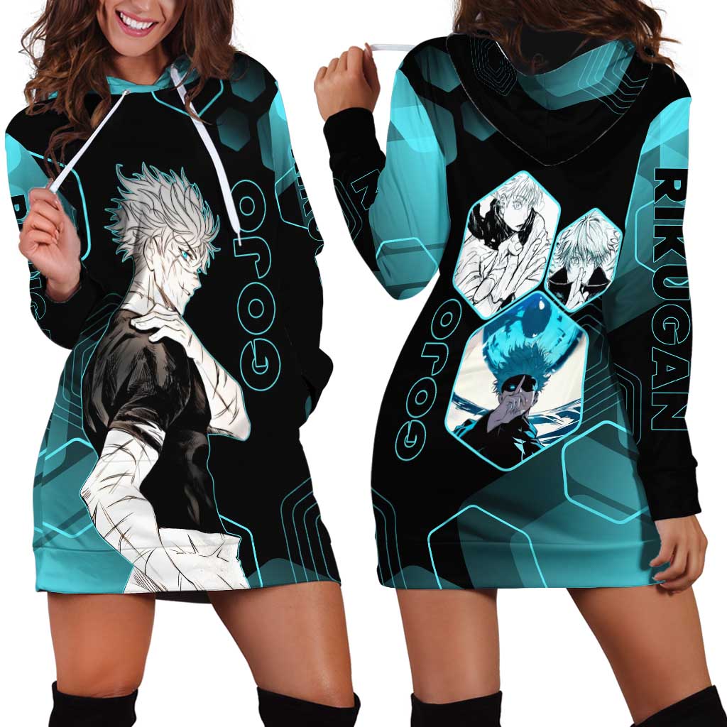 Gojo Satoru Jujutsu Kaisen Blue Hexagon Pattern Hoodie Dress with Intense Expressions and Modern Anime Art - The Mazicc