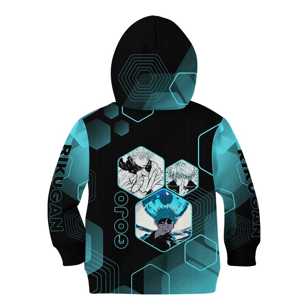 Gojo Satoru Jujutsu Kaisen Blue Hexagon Pattern Kid Hoodie with Intense Expressions and Modern Anime Art - The Mazicc