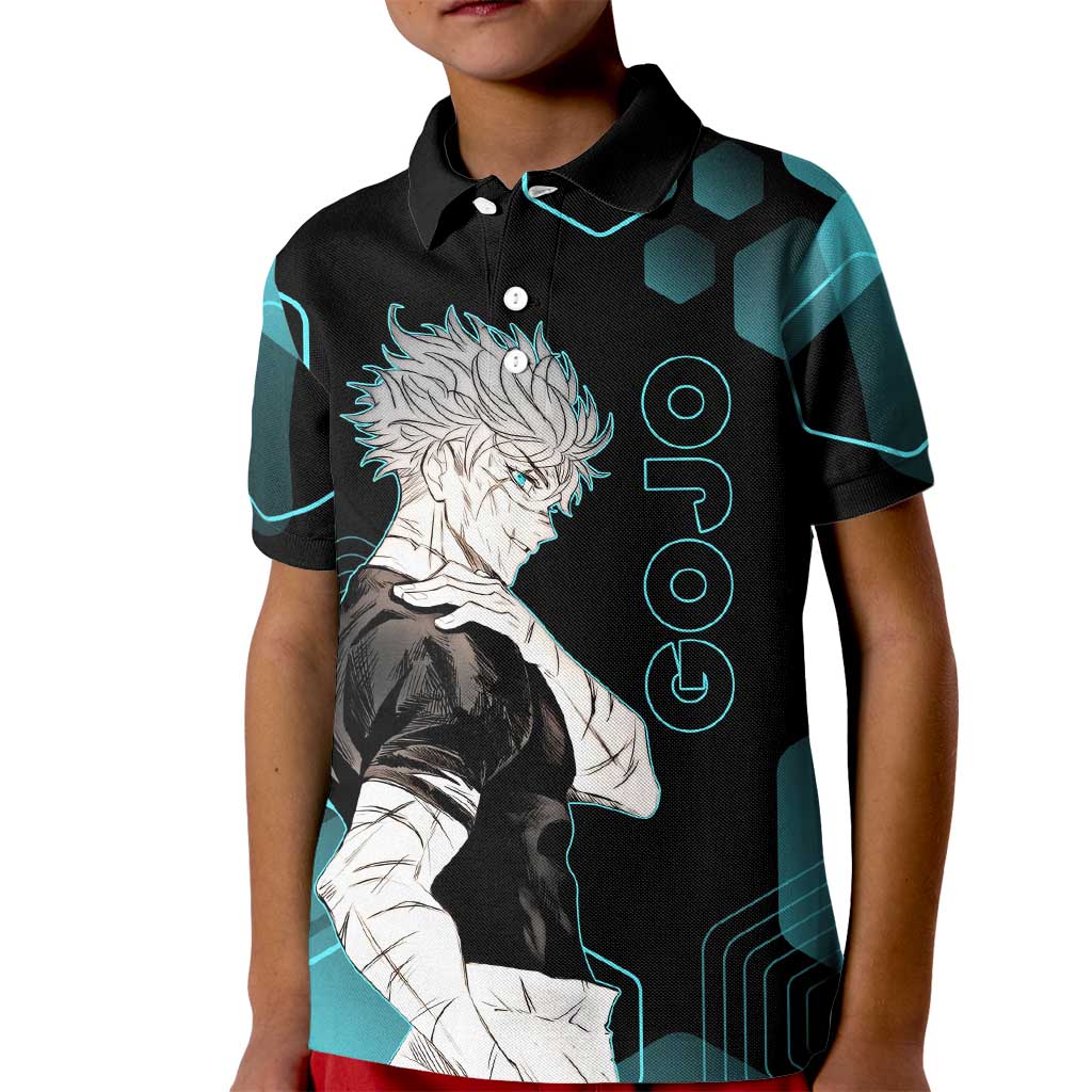 Gojo Satoru Jujutsu Kaisen Blue Hexagon Pattern Kid Polo Shirt with Intense Expressions and Modern Anime Art - The Mazicc