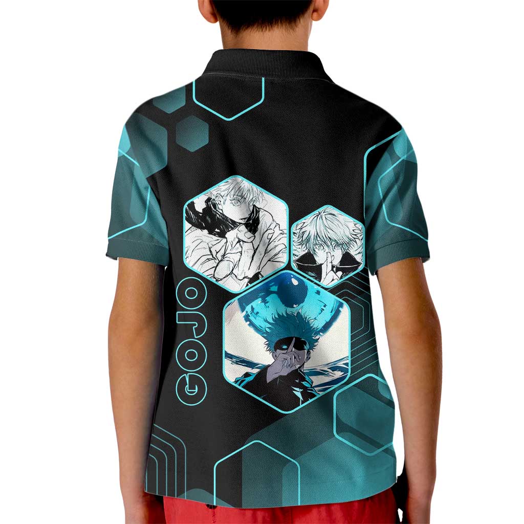 Gojo Satoru Jujutsu Kaisen Blue Hexagon Pattern Kid Polo Shirt with Intense Expressions and Modern Anime Art - The Mazicc