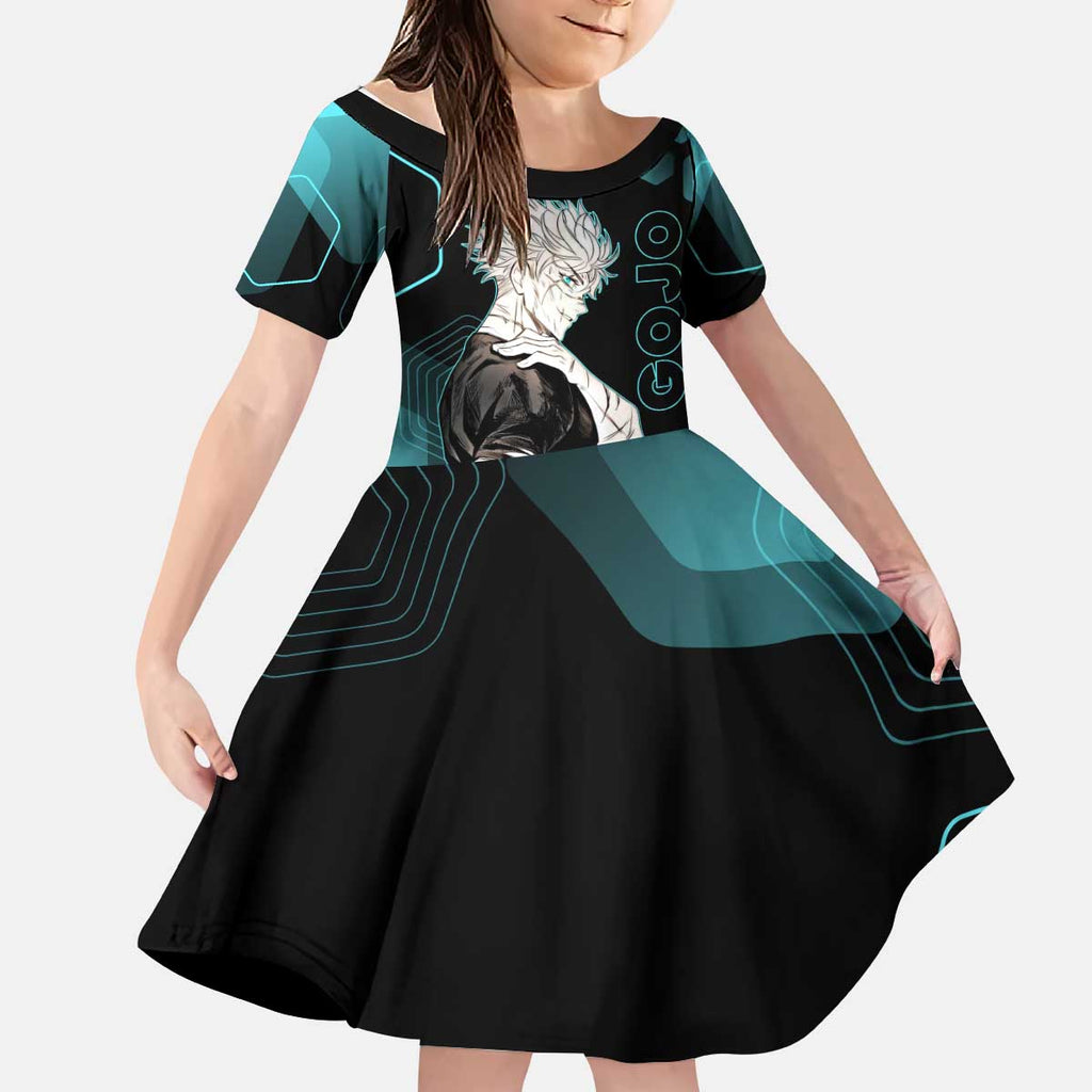 Gojo Satoru Jujutsu Kaisen Blue Hexagon Pattern Kid Short Sleeve Dress with Intense Expressions and Modern Anime Art - The Mazicc