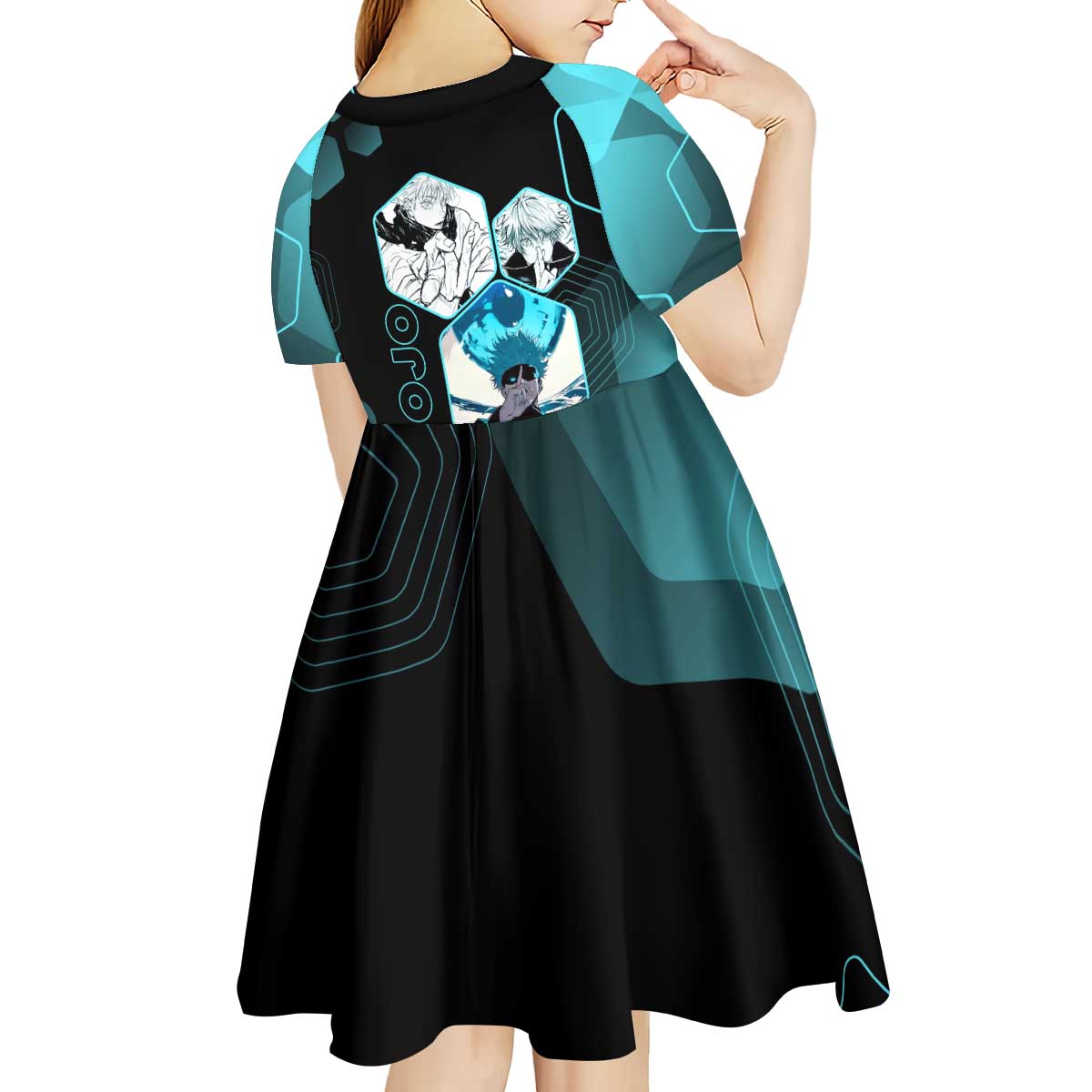 Gojo Satoru Jujutsu Kaisen Blue Hexagon Pattern Kid Short Sleeve Dress with Intense Expressions and Modern Anime Art - The Mazicc