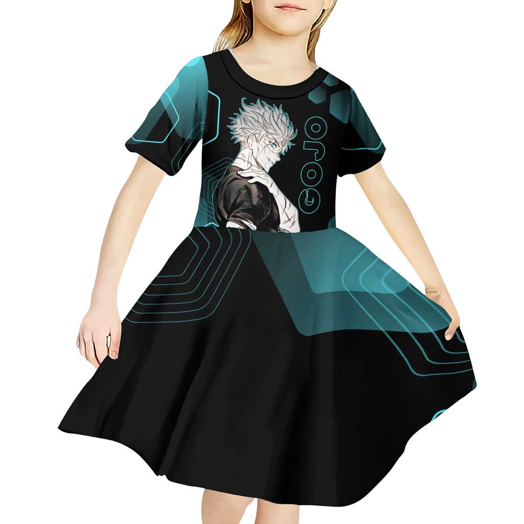 Gojo Satoru Jujutsu Kaisen Blue Hexagon Pattern Kid Short Sleeve Dress with Intense Expressions and Modern Anime Art - The Mazicc