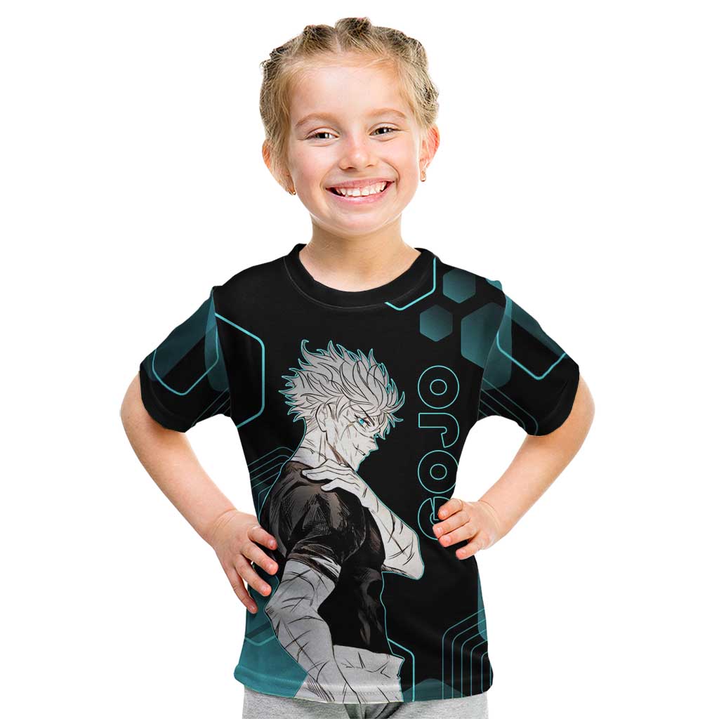 Gojo Satoru Jujutsu Kaisen Blue Hexagon Pattern Kid T Shirt with Intense Expressions and Modern Anime Art - The Mazicc