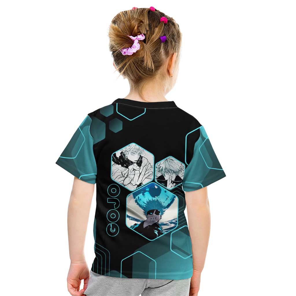 Gojo Satoru Jujutsu Kaisen Blue Hexagon Pattern Kid T Shirt with Intense Expressions and Modern Anime Art - The Mazicc