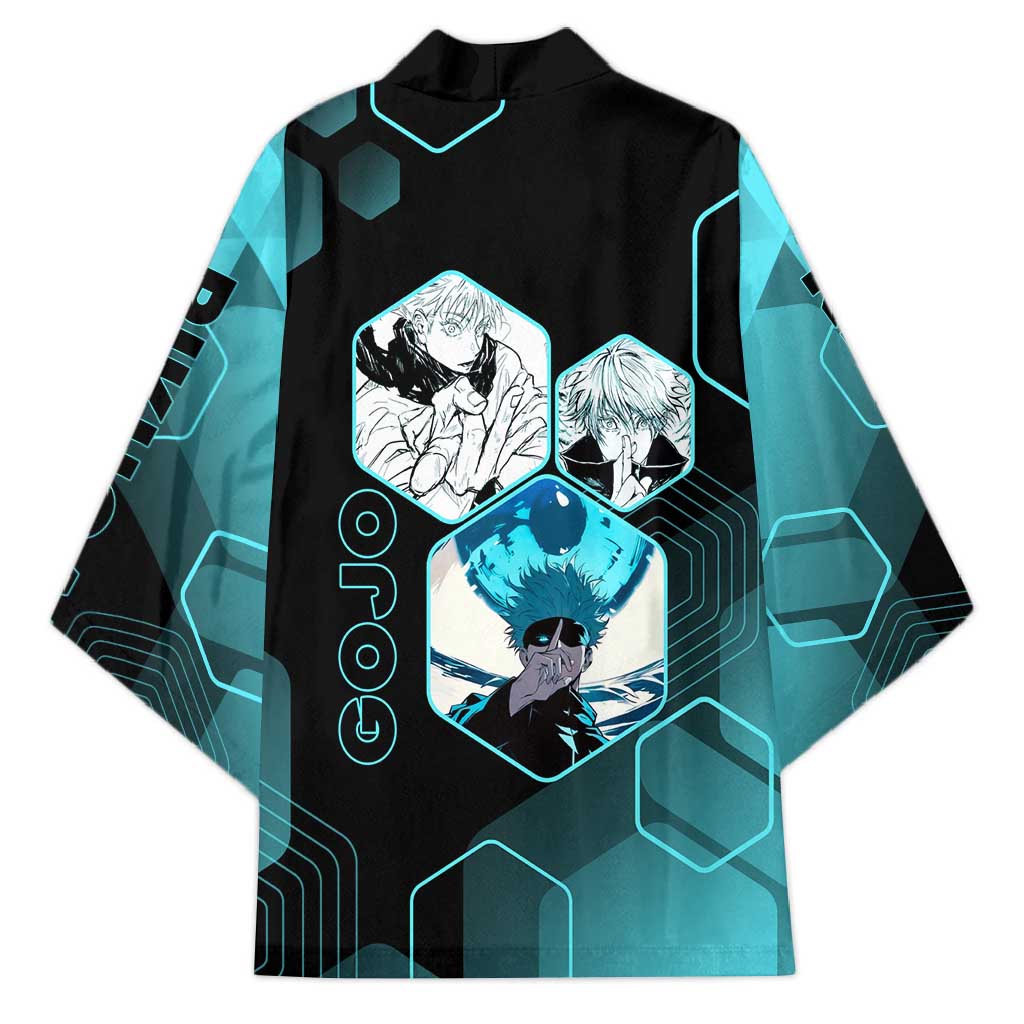Gojo Satoru Jujutsu Kaisen Blue Hexagon Pattern Kimono with Intense Expressions and Modern Anime Art - The Mazicc